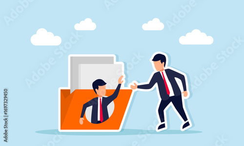 Businessman helping another businessman inside a circle placed on a document folder illustration of support in organizing document archives