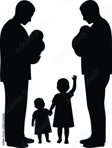 Silhouette of fathers holding babies, children together, family bonding, parenting love, fatherhood lifestyle, childhood care, happy family illustration