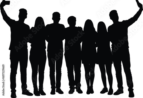 Silhouette of friends taking group selfie together, smartphone photography, social media sharing, youth lifestyle, friendship bonding, modern culture, teamwork