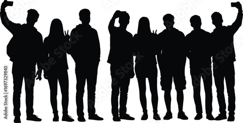 Silhouette of friends taking selfie together, group photo, smartphone photography, youth lifestyle, bonding, friendship, social media sharing, togetherness