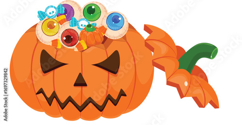 A playful carved pumpkin with colorful candy eyes and decorations on top.