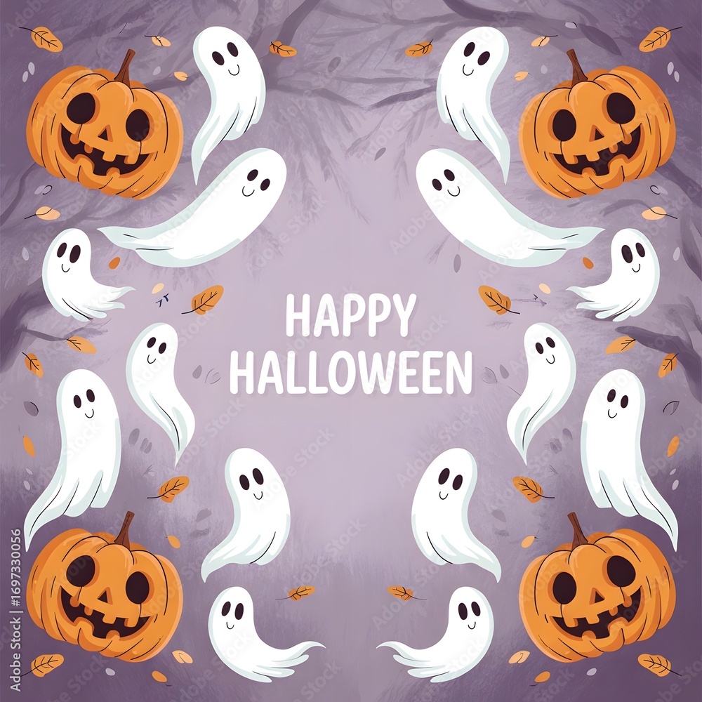 Fototapeta premium Festive happy halloween background with pumpkins and cute ghosts in a whimsical design