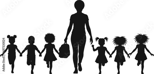 Silhouette of teacher walking with children, kids holding hands, school education, group activity, childhood learning, childcare, parenting illustration