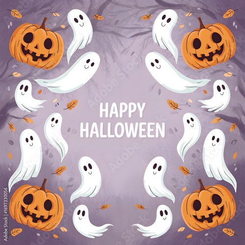 Festive happy halloween background with pumpkins and cute ghosts in a whimsical design