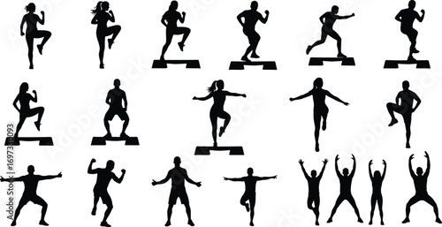 Silhouette people doing fitness workout, aerobic exercise, step training, cardio routine, gym activity, active lifestyle, group training, health, wellness