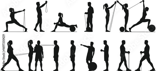Silhouette resistance band exercise, fitness ball training, stretching workout, partner gym routine, pilates poses, yoga practice, strength training, flexibility balance