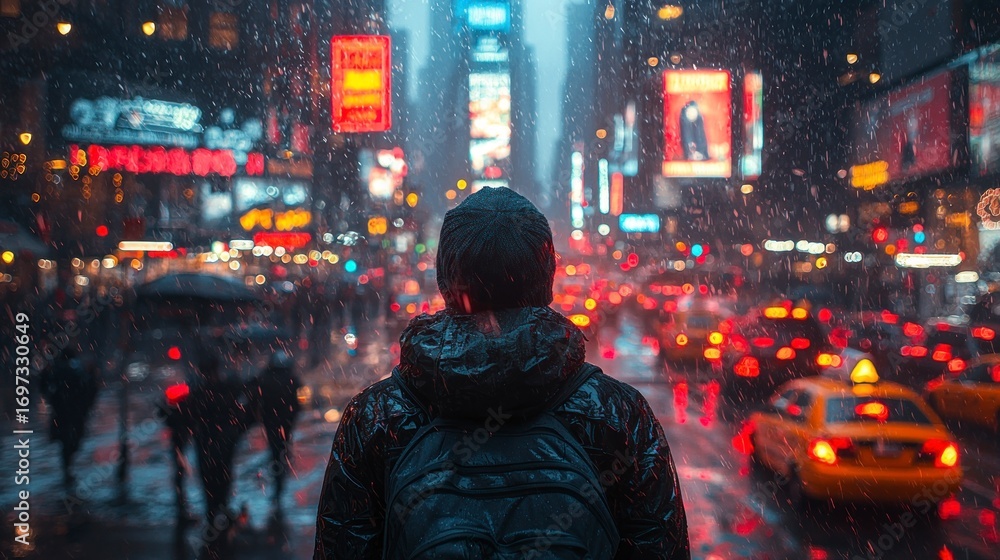 Fototapeta premium Person standing in a snowy, bustling city at night