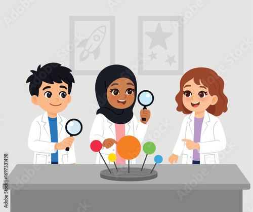 cartoon children science experiment with solar system model in classroom