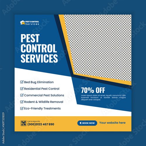 Pest Control Services Social Media Post and Web Square Banner Design Template for insect removal, termite treatment, rodent control, cockroach prevention, professional extermination, and hygiene care