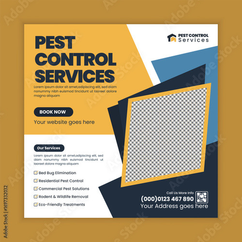 Pest Control Services Social Media Post and Web Square Banner Design Template for insect removal, termite treatment, rodent control, cockroach prevention, professional extermination, and hygiene care