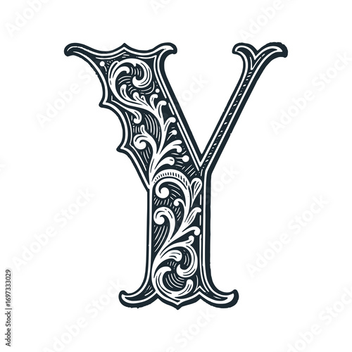 Letter Y victoria style with curve floral decoration. Black white vector illustration.	
