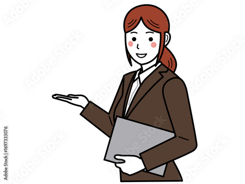 茶色のスーツ。ファイルを持ち、こちらと指し示す女性。その2