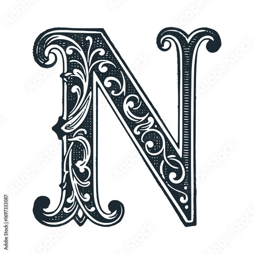 Letter N victoria style with curve floral decoration. Black white vector illustration.	