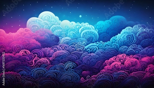 Abstract Colorful Dreamy Cloudscape – Surreal Gradient Sky with Swirling Lines