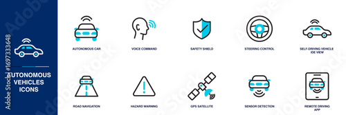 Autonomous Vehicles Blue Colored Outline Icon Set
