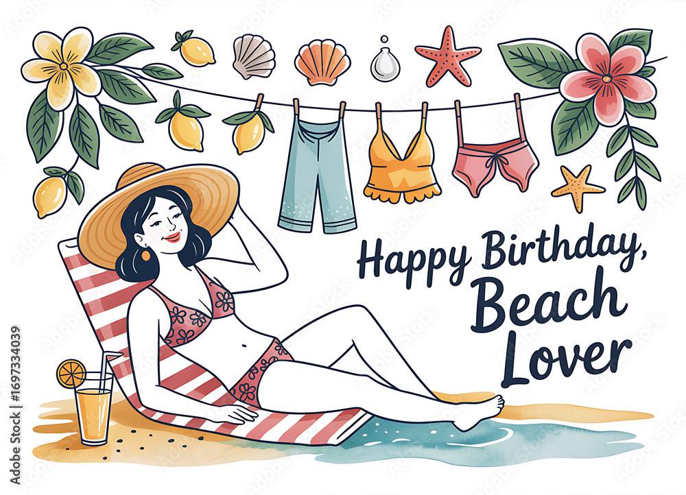 Obraz premium Happy birthday beach lover woman relaxing on lounge chair by the ocean