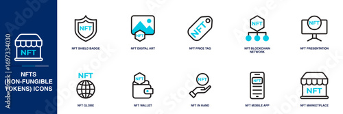 NFTs (Non-Fungible Tokens) Blue Colored Outline Icon Set