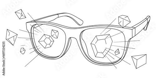 Line art illustration of eyeglasses reflecting floating geometric crystals, eyewear.