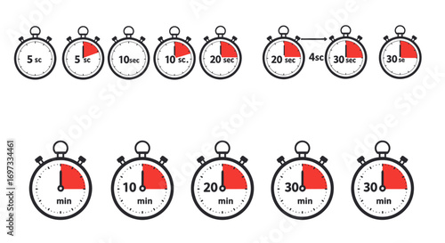 Stopwatch timer icon vector set with red time sections
