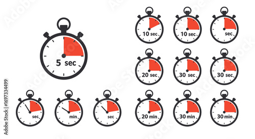 Stopwatch timer icon vector set with red time sections