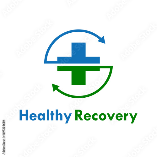 A fresh and eco-friendly logo design combining green and blue to represent health, growth, and continuous recovery, perfect for a modern clinic or wellness center.