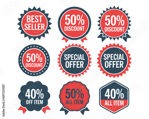 A set of nine vintage-style sale badges and promotional label for special offers, discounts, and best seller tags
