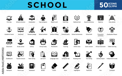 School icons set with first day, school entrance, graduation, cap and gown, report card, exam day, national test, award ceremony, diploma, class photo icon. Simple glyph black vector illustration

