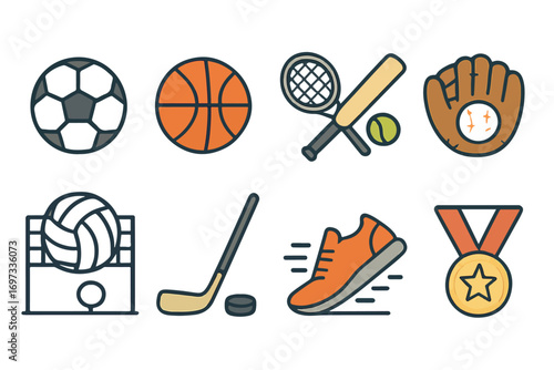 Collection of Sports Equipment and Athletic Achievements Icons Featuring Popular Team and Individual Activities