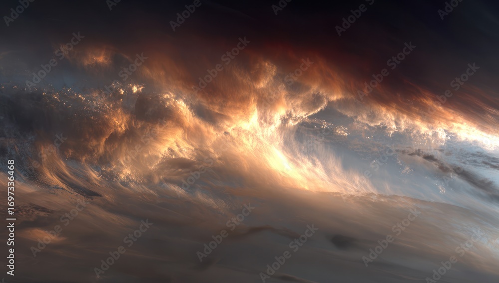 Obraz premium Dramatic celestial cloudscapes, with fiery hues and swirling textures, create an otherworldly atmosphere.