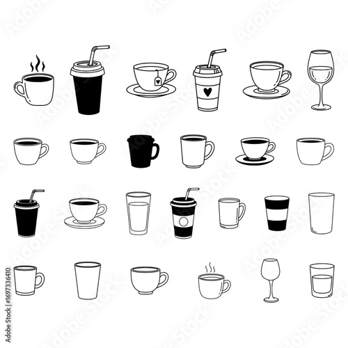A diverse collection of hand drawn outline icons featuring various beverage cups, mugs, and glasses. Ideal for cafe menus, web design, or graphic projects.