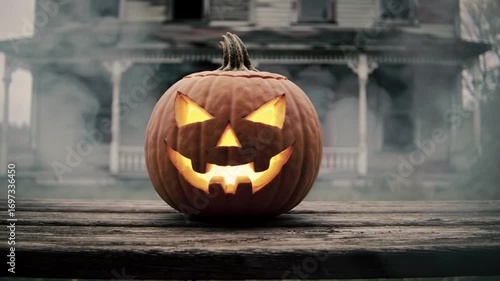 Halloween background with pumpkins and haunted house - 3D render. Halloween background with Evil Pumpkin. Spooky scary dark Night forrest. Holiday event halloween banner background concept