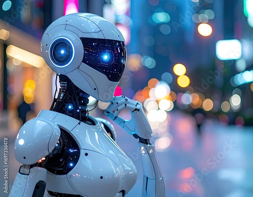 White Female Robot in Futuristic City at Night