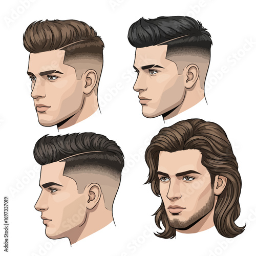 Four different men's hairstyles, illustrated in profile views.