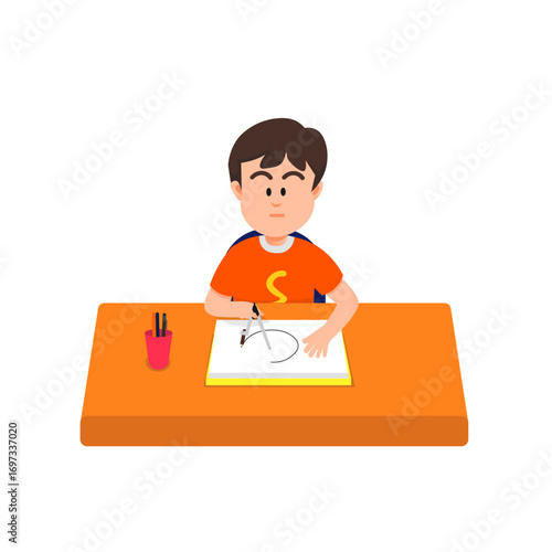 Cute boy draws a perfect circle with a compass in his sketchbook