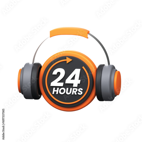 Orange and black headphones icon with a 24 hours symbol. Isolated 3D illustration for nonstop customer support, technical assistance, or online helpdesk services