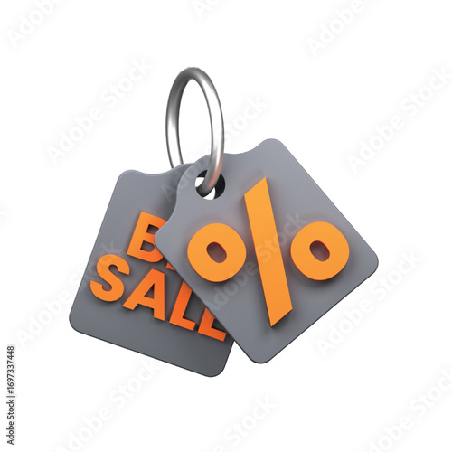 Concept of retail promotion and shopping discounts illustrated by 3D rendered price tags with a percentage symbol, isolated on a white background for marketing