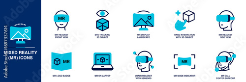 Mixed Reality (MR) Blue Colored Outline Icon Set