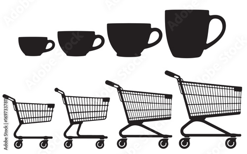A visual representation of increasing sizes of coffee cups and shopping carts in black silhouette