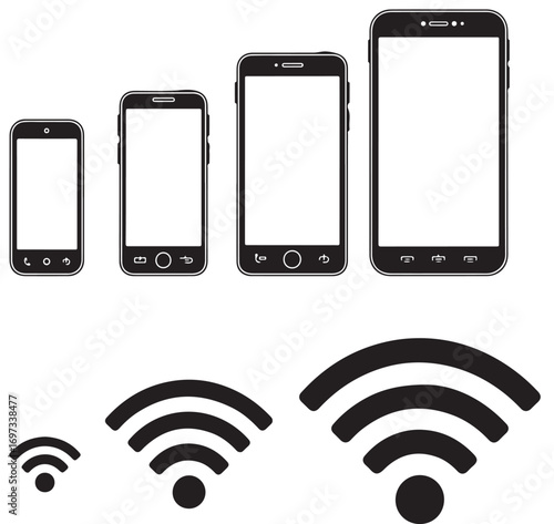 A line of smartphones of varying sizes and a set of wifi symbols of increasing signal strength