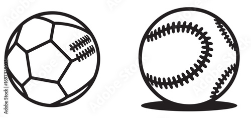 A simple black and white line drawing of a soccer ball and a baseball side by side on a white background