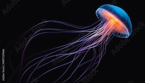 A single jellyfish with long tentacles floating in dark water with a glowing orange center and blue top