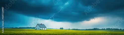 Dramatic storm sky with dark clouds and lightning over a rural farmhouse in a wide open landscape du severe weather warning