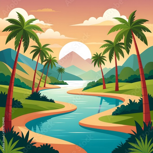A serene tropical landscape featuring a winding river flowing towards the sea, framed by palm trees and mountains under a bright, warm sunset.
