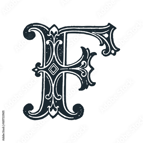 Letter F victoria style with curve floral decoration. Black white vector illustration.	