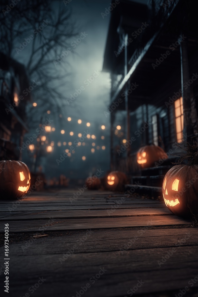 Fototapeta premium Spooky Halloween environment with empty foreground, downward camera angle wide lens closeup, sharp focus ready for product placement, realistic background.