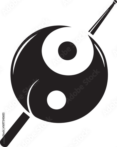 Yin Yang Billiard Ball Logo with Cue Stick – Vector Icon