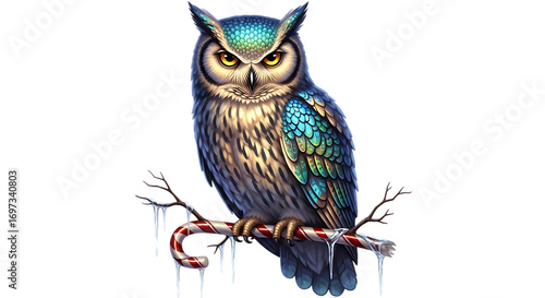 A magical Christmas owl with iridescent feathers, perched on a candy cane branch with icicles, intense gaze, golden eyes