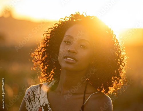 Woman with Curly Hair at Sunset