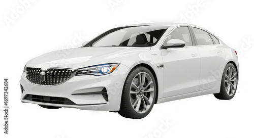 Sleek white luxury sedan in profile view highlighting modern automotive design and elegant exterior transparent background