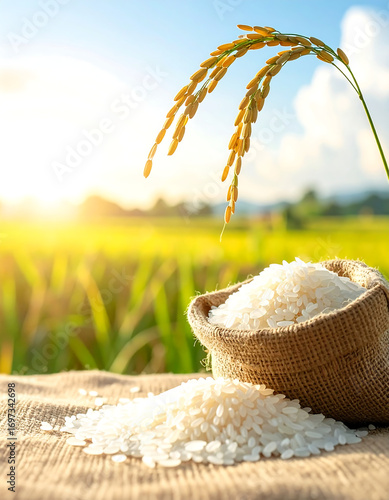 Ripe rice ear arches over burlap sack filled with white rice grains on rustic surface in bright sunlight